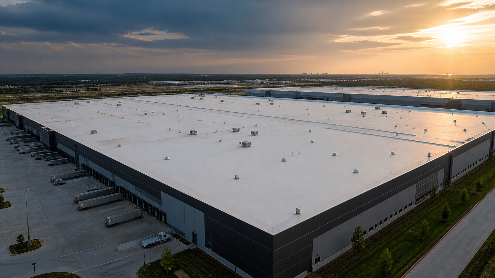 Aerial view across an expansive white commercial warehouse roof