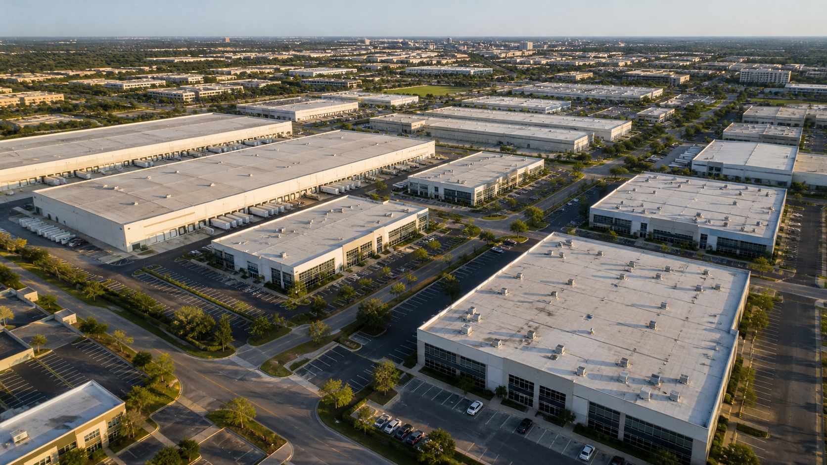 Aerial view of a multi-building commercial and industrial property portfolio