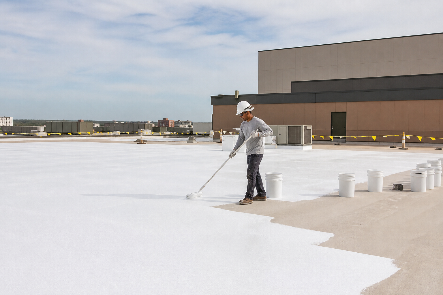 Commercial roof restoration crew applying a reflective coating